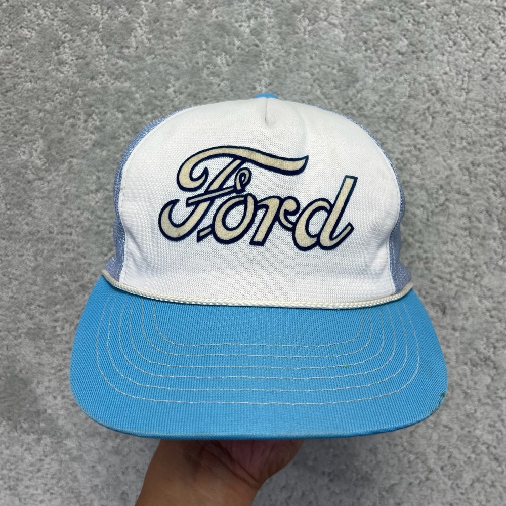 VINTAGE Young An Ford Trucker Hat Mens Blue White Snapback Mesh Cap Streetwear